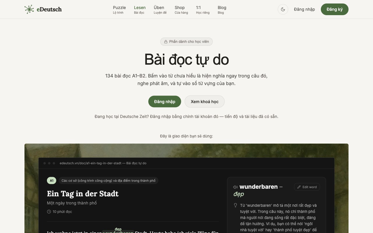 Cuộn danh mục bài đọc chia theo trình độ trên eDeutsch