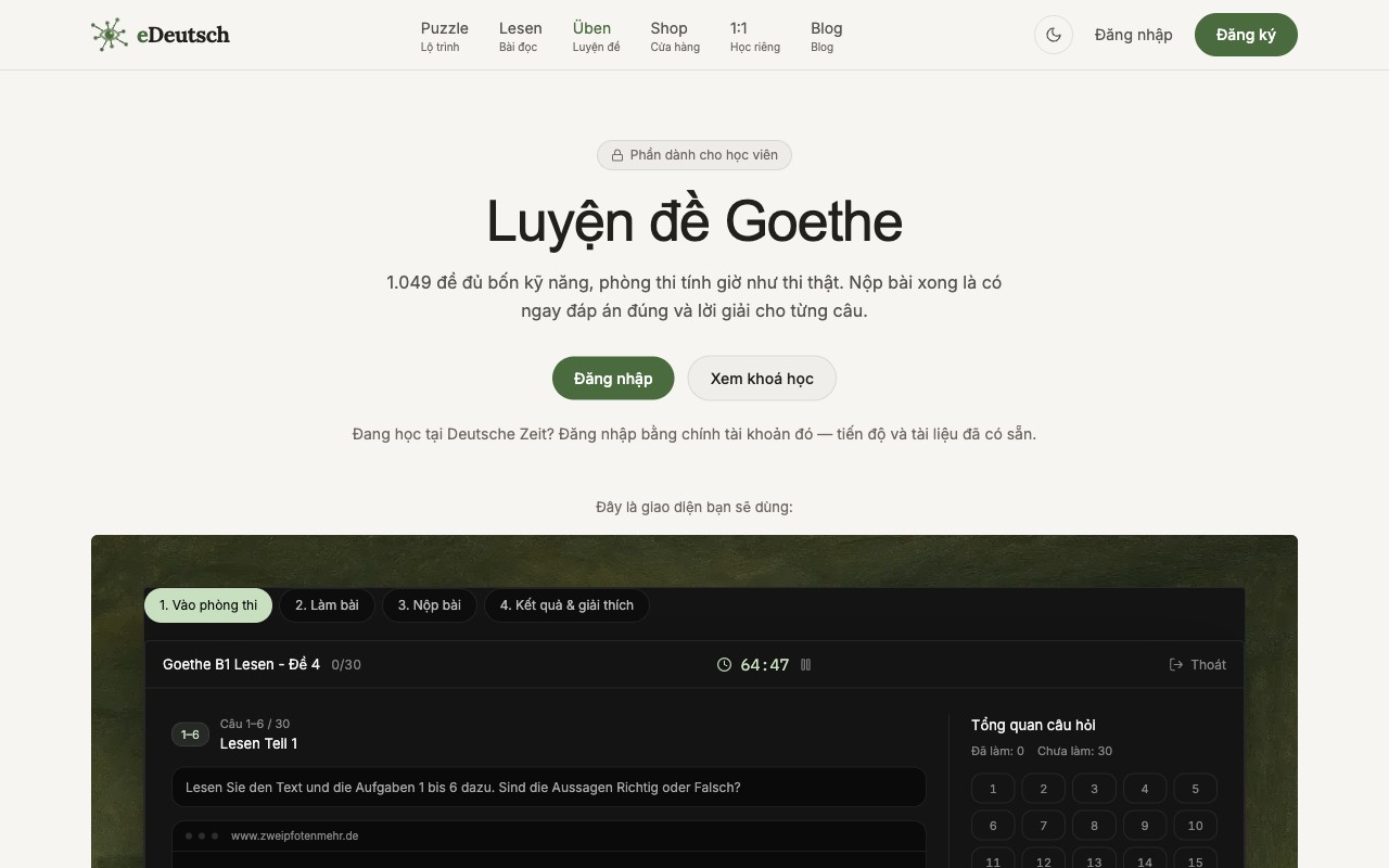 Chọn kỹ năng và trình độ trong kho đề luyện trên eDeutsch